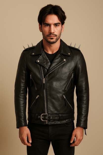 Premium Gothic Cowhide Biker Jacket Spikes