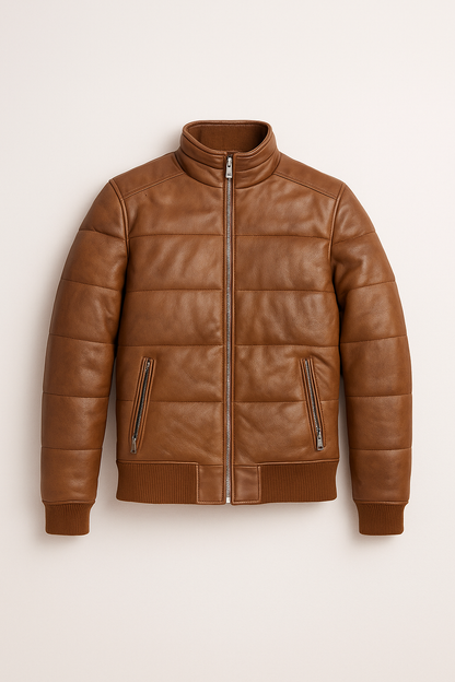 Leather Puffer Bomber Jacket