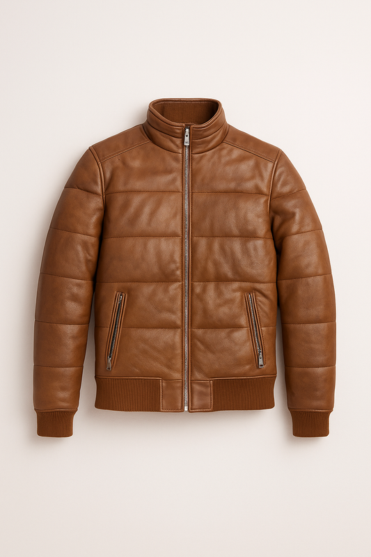 Leather Puffer Bomber Jacket