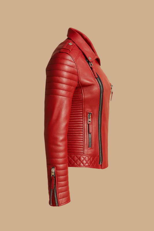 Red Leather Moto Jacket - Double-Breasted Biker Style